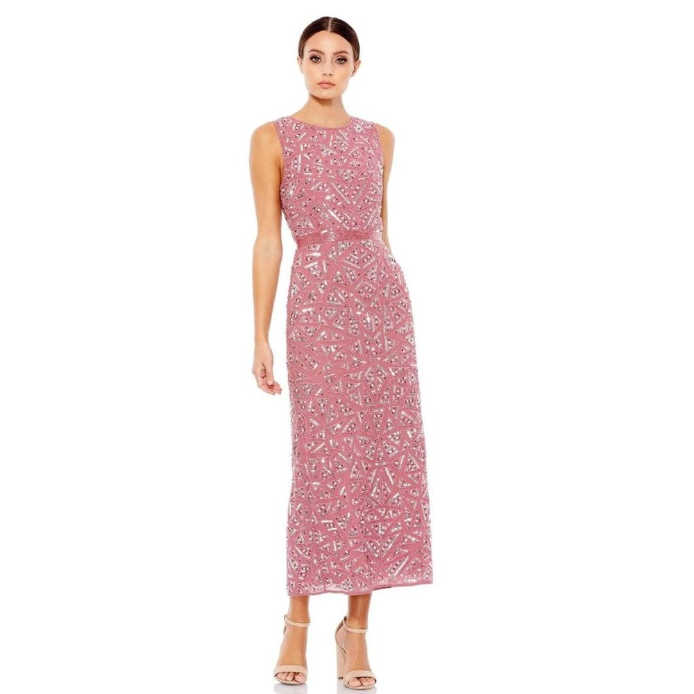 NWT $538 Mac Duggal Rosewood Jewel Neck Beaded Column Dress 14